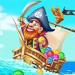 Pirátská loď s veselým pirátem a papouškem, obklopena barevnými koulemi, plující po vlnách pod modrou oblohou