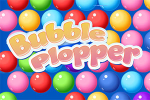 Barevné kuličky na modrém pozadí s nápisem Bubble Plopper