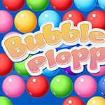 Barevné kuličky na modrém pozadí s nápisem Bubble Plopper