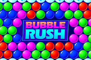 Barevné lesklé bubliny obklopují uprostřed výrazný nápis „BUBBLE RUSH na modrofialovém pozadí