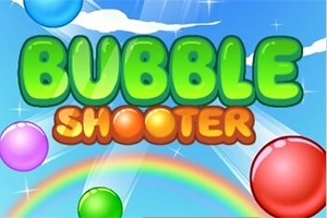 Barevné bubliny na modrém pozadí s duhou a textem BUBBLE SHOOTER