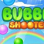 Barevné bubliny na modrém pozadí s duhou a textem BUBBLE SHOOTER