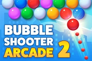 Barevné kuličky s nápisem Bubble Shooter Arcade 2 na modrém pozadí