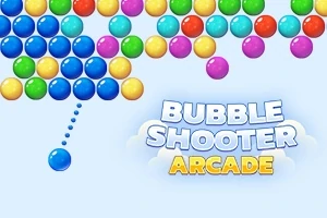 Barevné kuličky uspořádané v řadách s jednou kuličkou mířenou k nim a textem Bubble Shooter Arcade