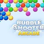 Barevné kuličky uspořádané v řadách s jednou kuličkou mířenou k nim a textem Bubble Shooter Arcade