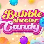 Barevné logo s nápisem Bubble Shooter Candy 2 obklopené pestrobarevnými bublinami a pozadím s cukrovinkami