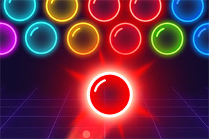 Bubble Shooter Neon Barevné zářící koule na tmavém pozadí s červenou koulí v popředí