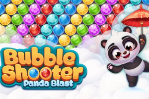 Barevné bubliny v řadách, usměvavá panda s červeným deštníkem a nápis Bubble Shooter Panda Blast na bílém pozadí