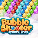 Barevné bubliny v řadách, usměvavá panda s červeným deštníkem a nápis Bubble Shooter Panda Blast na bílém pozadí