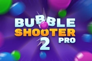Název Bubble Shooter 2 Pro na fialovém pozadí s barevnými bublinami