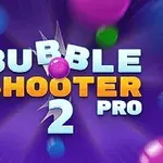 Název Bubble Shooter 2 Pro na fialovém pozadí s barevnými bublinami