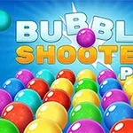 Barevné bubliny a text BUBBLE SHOOTER PRO na modrém pozadí