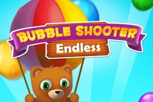 Medvídek drží barevné balónky s textem Bubble Shooter Endless na pozadí modré oblohy