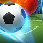 Fotbalový míč s modrou zářící stopou letí směrem k brance na stadionu