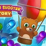 Barevné bubliny a kreslený medvídek v horkovzdušném balónu s textem Bubble Shooter Story