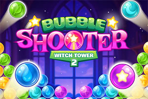 Bubble Shooter Witch Tower 2 Barevné bubliny v různých odstínech na tmavém pozadí s nápisem ve středu