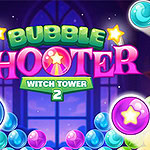 Bubble Shooter Witch Tower 2 Barevné bubliny v různých odstínech na tmavém pozadí s nápisem ve středu
