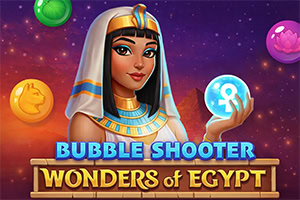 Ilustrace egyptské královny s čelenkou a závojem držící zářící modrou kouli, kolem ní barevné bubliny na fialovém vesmírném pozadí a nápis „BUBBLE SHOOTER WONDERS of EGYPT