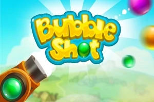 Název Bubble Shot zobrazený na světlém pozadí s barevnými bublinami a dělem v popředí