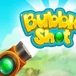 Název Bubble Shot zobrazený na světlém pozadí s barevnými bublinami a dělem v popředí