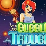Žena s červenými vlasy drží velkou baterku, se zářící koulí v pozadí a názvem Bubble Trouble vpředu