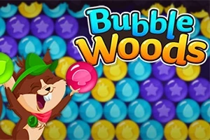 Ilustrace zobrazující šťastného zvířecího charakteru s bublinou v tlapce, v pozadí barevné bubliny a text Bubble Woods