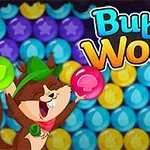 Ilustrace zobrazující šťastného zvířecího charakteru s bublinou v tlapce, v pozadí barevné bubliny a text Bubble Woods