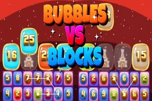 Barevná grafika s nápisy BUBBLES a BLOCKS, čísly v bublinách a různobarevnými čísly na pozadí