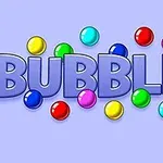 Text BUBBLES s barevnými kuličkami v modrém, červeném, žlutém, zeleném a růžovém odstínu na světle modrém pozadí