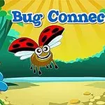 Usmívající se beruška s červenými krovkami a černými tečkami letící na písčité cestě v lese s nápisem Bug Connect nahoře