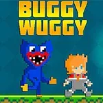 Dvě pixelové postavy, modrý tvor s velkými zuby a postava s oranžovými vlasy, stojí vedle sebe na pixelované plošině s nápisem BUGGY WUGGY nahoře a pochodní na modrém pozadí