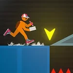Postava v čepici běží přes modrou platformu s hroty a drží světélkující dokument