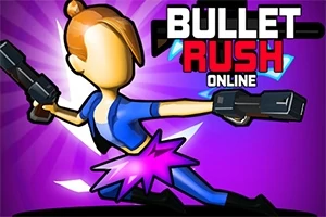Postava s blonďatým drdolem v modro-růžovém oblečení drží dvě pistole na fialovém pozadí s nápisem BULLET RUSH ONLINE