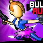 Postava s blonďatým drdolem v modro-růžovém oblečení drží dvě pistole na fialovém pozadí s nápisem BULLET RUSH ONLINE