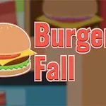 Ilustrace s hamburgerem a nápisem Burger Fall na pozadí s rozmazanými obrázky jídla a nápojů