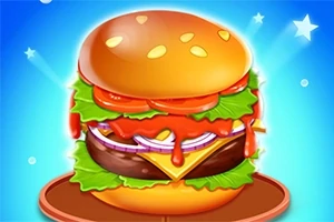 Barevný ilustrovaný hamburger s vrstvami salátu, rajčat, cibule, sýra a masa na modrém pozadí s hvězdičkami