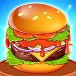 Barevný ilustrovaný hamburger s vrstvami salátu, rajčat, cibule, sýra a masa na modrém pozadí s hvězdičkami