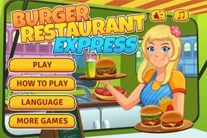Ilustrovaná postava servírky držící tác s burgery a pitím, obklopená různými herními menu tlačítky