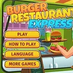 Ilustrovaná postava servírky držící tác s burgery a pitím, obklopená různými herními menu tlačítky