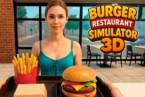 Žena v restauraci drží tác s hamburgerem a hranolky, v pozadí je velký nápis Burger Restaurant Simulator 3D