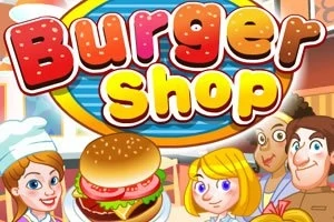 Barevný nápis Burger Shop s obrázkem šťavnatého hamburgeru a animovanými postavičkami včetně šéfkuchařky a zákazníků na pozadí