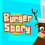 Ilustrace soba s kuchařskou čepicí na modrém pozadí vedle textu Burger Story