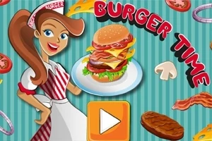 Žena v retro stylu drží talíř s hamburgerem, obklopená ingrediencemi jako houby, rajčata a slanina, v modrém pozadí s nápisem BURGER TIME