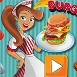 Žena v retro stylu drží talíř s hamburgerem, obklopená ingrediencemi jako houby, rajčata a slanina, v modrém pozadí s nápisem BURGER TIME