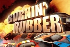 Nápis Burnin Rubber s explozí v pozadí a závodními auty v popředí