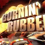 Nápis Burnin Rubber s explozí v pozadí a závodními auty v popředí