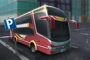 Červený autobus parkuje v městském prostředí vedle dopravní značky P