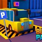 Žlutý autobus zaparkovaný na parkovišti s modrým označením P a textem Bus Parking v pravém dolním rohu