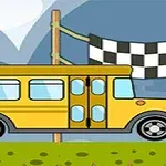 Žlutý kreslený autobus na trávě před šachovnicovou vlajkou s horami v pozadí