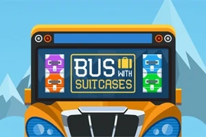 Oranžový autobus s nápisem BUS WITH SUITCASES na čelní straně, v pozadí jsou hory